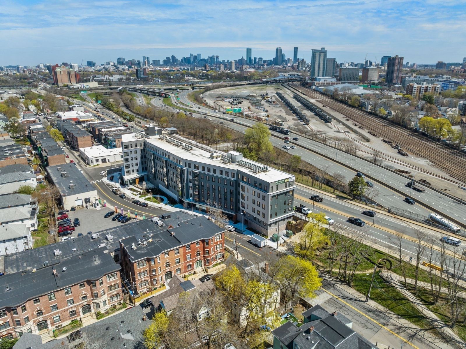 Aerial view toward the Boston skyline and the Mass Pike